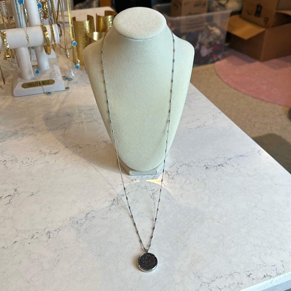 Loft long silver tone with gray metallic disc costume necklace